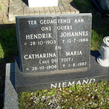 NIEMAND Hendrik Johannes 1903-1984 &amp; Catharina Maria DU TOIT 1906-1987