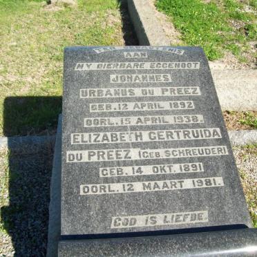 PREEZ Johannes Urbanus, du 1892-1938 &amp; Elizabeth Gertruida SCHREUDER 1891-1981