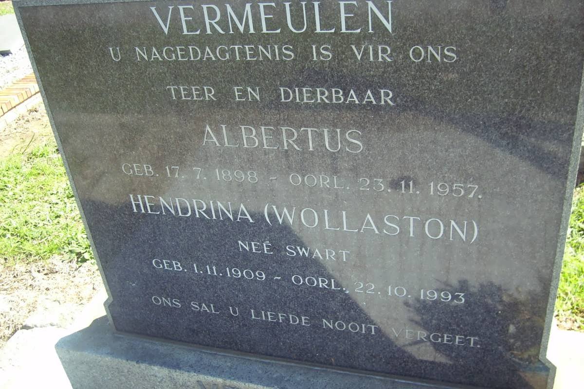 VERMEULEN Albertus 1898-1957 &amp; Hendrina WOLLASTON nee SWART  1909-1993