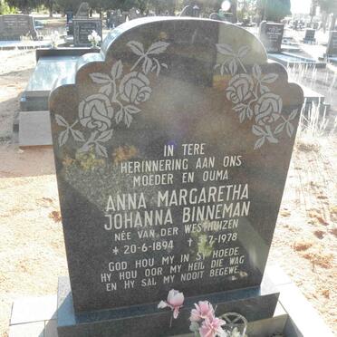 BINNEMAN Anna Margaretha Johanna nee VAN DER WESTHUIZEN 1894-1978