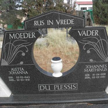 PLESSIS Johannes Marthinus, du 1938-1991 &amp; Aletta Johanna 1943-1991