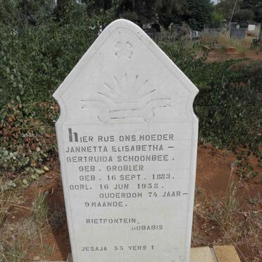 SCHOONBEE Jannetta Elisabetha Gertruida nee GROBLER 1883-1958