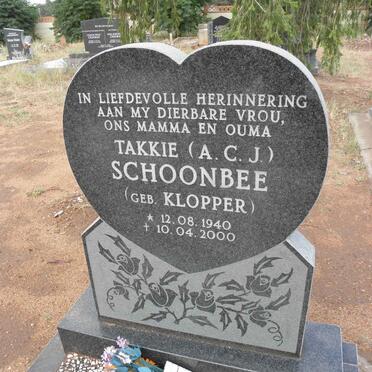 SCHOONBEE A.C.J. nee KLOPPER 1940-2000