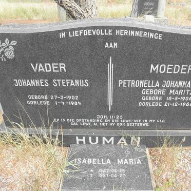 HUMAN Johannes Stefanus 1902-1984 &amp; Petronella Johanna Jacoba MARITZ 1906-1966 :: HUMAN Isabella Maria 1947-1997