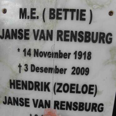 RENSBURG Hendrik, Janse van 1916-2010 &amp; M.E. 1918-2009