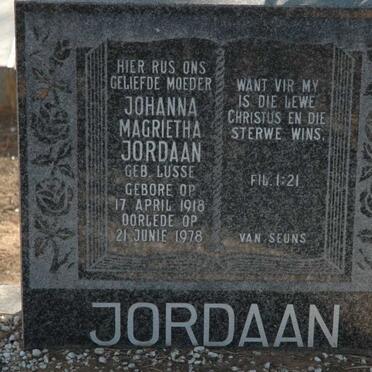 JORDAAN Johanna Magrietha nee LUSSE 1918-1978