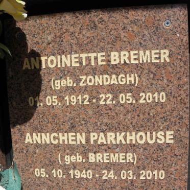 BREMER Antoinette nee ZONDAGH 1912-2010 :: PARKHOUSE Annchen nee BREMER 1940-2010