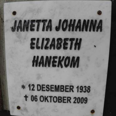 HANEKOM Janetta Johanna Elizabeth 1938-2009