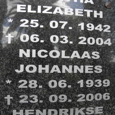 HENDRIKSE Nicholaas Johannes 1939-2006 &amp; Martha Elizabeth 1939-2006