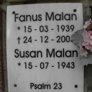 MALAN Fanus 1939-2003 &amp; Susan 1943-