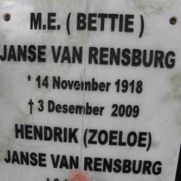 RENSBURG Hendrik, Janse van 1916-2010 &amp; M.E. 1918-2009
