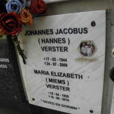 VERSTER Johannes Jacobus 1944-2009 &amp; Maria Elizabeth 1950-2010