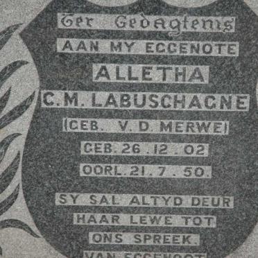 LABUSCHAGNE Alletha C.M.  nee V.D. MERWE 1902-1950