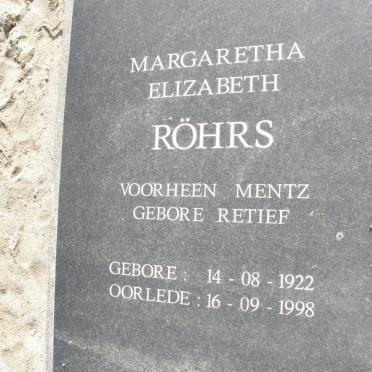 ROHRS Margaretha Elizabeth voorheen MENTZ nee RETIEF 1922-1998