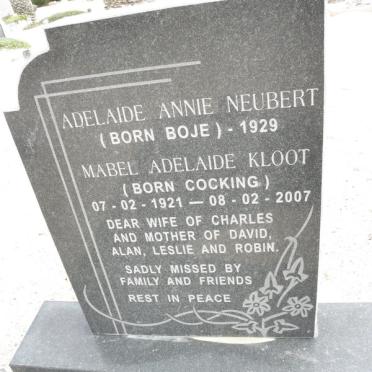 NEUBERT Adelaid Annie nee BOJE -1929 :: KLOOT Mabel Adelaide nee COCKING 1921-2007