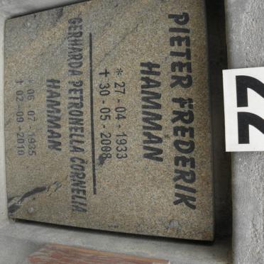HAMMAN Pieter Frederik 1933-2008 &amp; Gerharda Petronella Cornelia 1935-2010