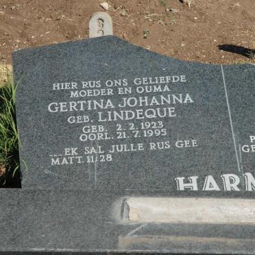 HARMSE Gertina Johanna nee LINDEQUE 1923-1995