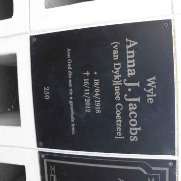 JACOBS Anna J. voorheen VAN DYK nee COETZEE 1918-2012