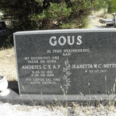 GOUS Andries C.E.A.F. 1912-1988 &amp; Jeanetta W.C. 1917-