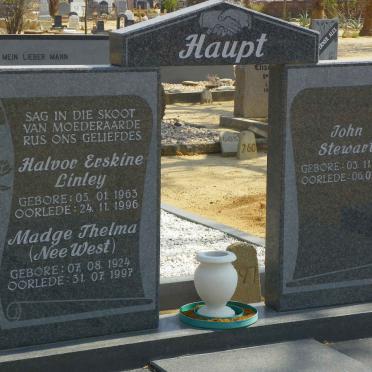 HAUPT Madge Thelma nee WEST 1924-1997 :: HAUPT John Stewart 1929-2005 :: HAUPT Halvor Eskine Linley 1963-1996