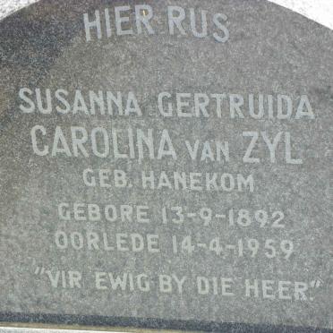 ZYL Susanna Gertruida Carolina, van nee HANEKOM 1892-1959