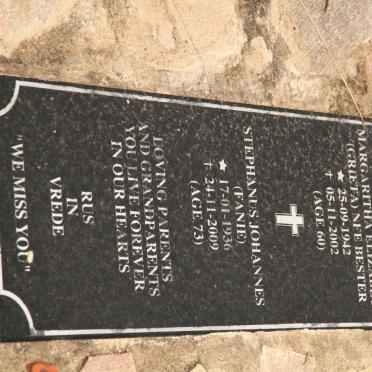 ERASMUS Stephanus Johannes 1936-2009 &amp; Margaritha Elizabeth BESTER 1942-2002