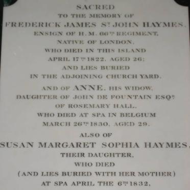 HAYMES Frederick James St. John -1822 &amp; Anne DE FOUNTAIN -1830 :: HAYMES Susan Margaret Sophia -1832